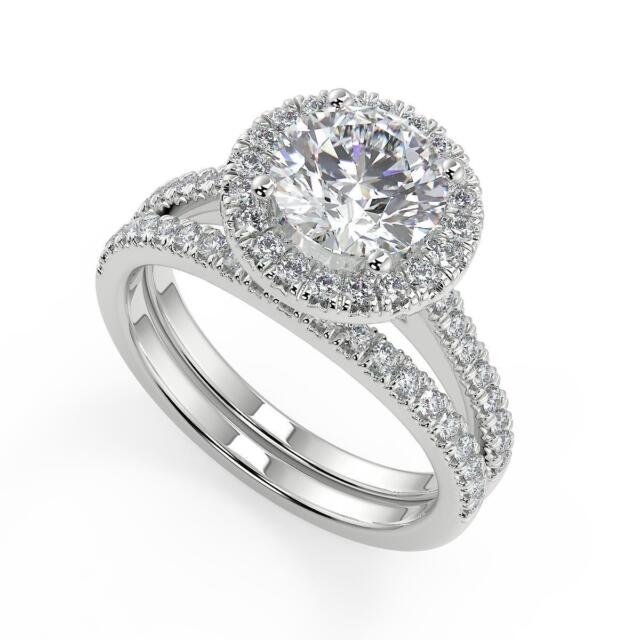 1.95 Ct Round Cut Halo Pave Diamond Engagement Ring VS2 G Treated
