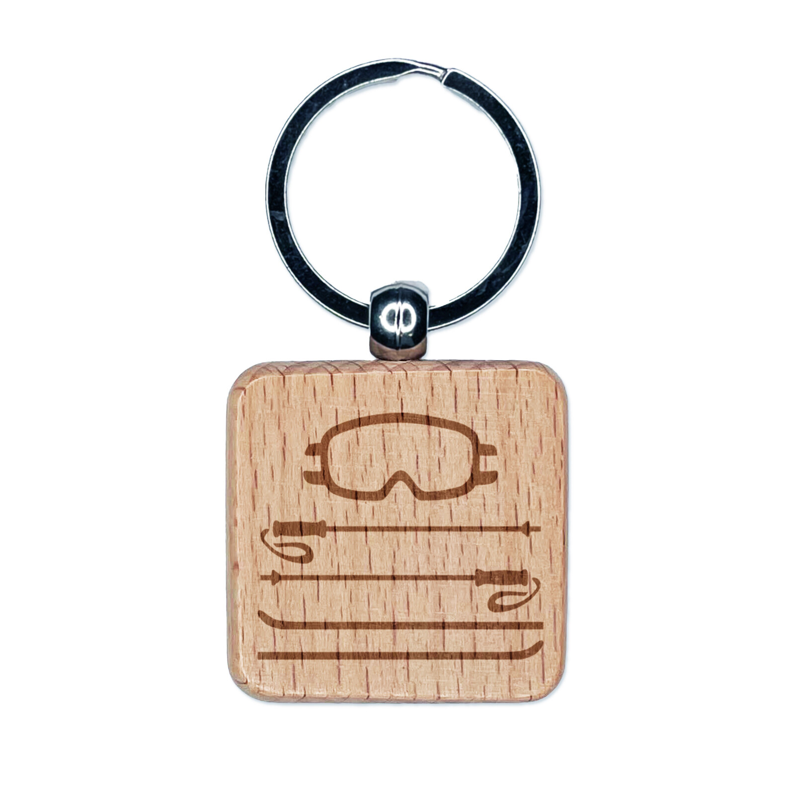 Skiing Goggles Poles Equipment Sport Engraved Wood Square Keychain Tag Charm