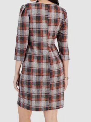 grey dress red accessories Connected Women's Gray Elbow-Sleeve Plaid Sheath Petite Size 8P GOSSIP