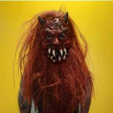 Rare Full red devil mask with full head of red hair horns big teeth Scary