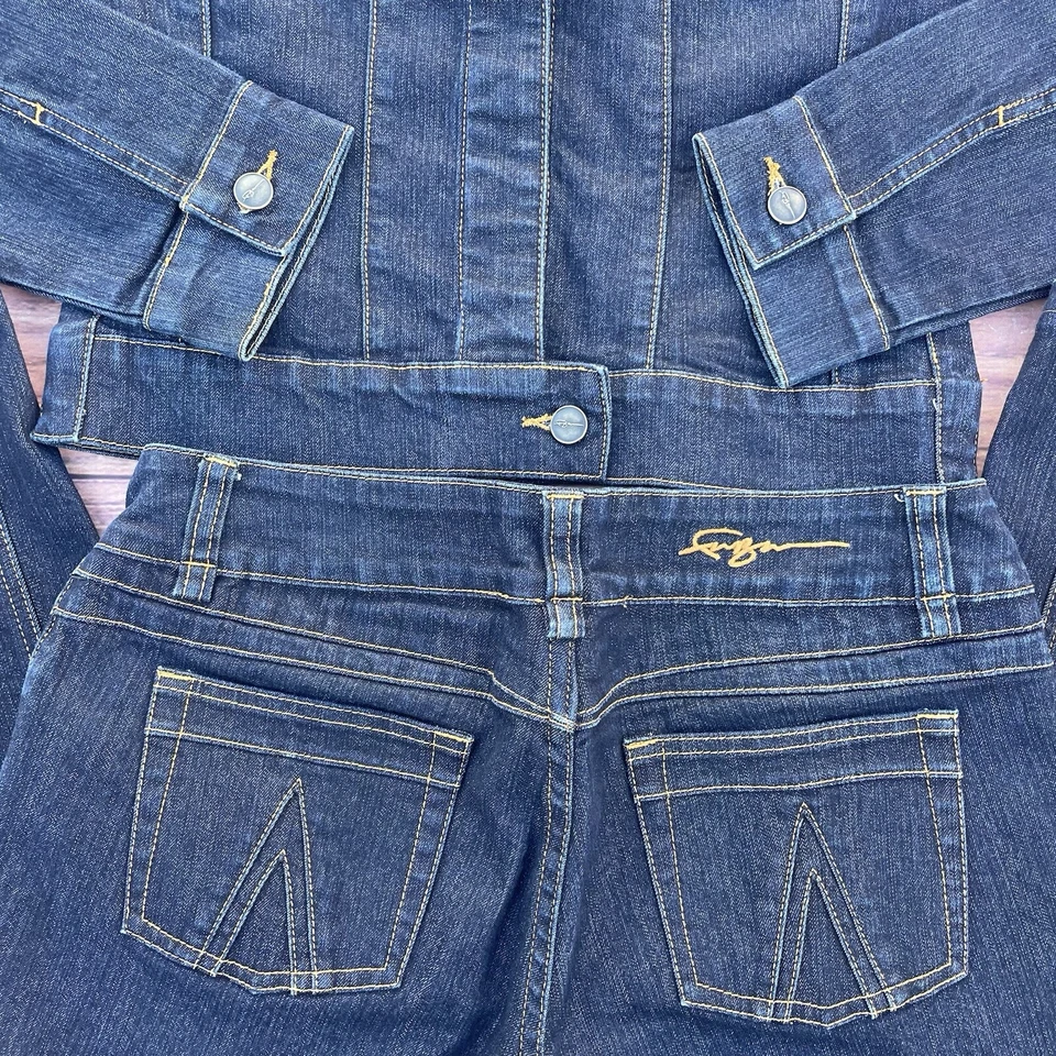 Conjunto de traje vaquero vintage años 90 Fubu para mujer azul oscuro chaqueta Y2K pantalones M talla 9/10 Foto 3 de 4