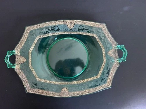 Green Depression Glass Floral Platter Vtg 15”x 10” Two Handled Serving Gold Foil