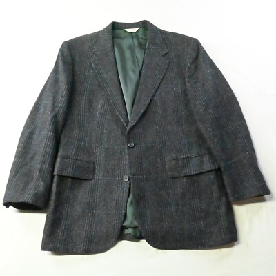 Vtg Foxx 43R 44R Navy Blue Glenn Plaid Tweed Wool Blazer Suit Jacket Sport Coat