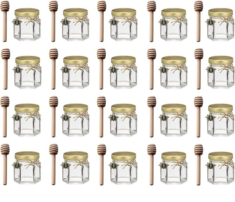 Mini Honey Jar Favors Empty Glass Honey Jars with Gold Lids Wooden Dipper Bee