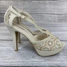 Top Moda Rhinestone Lace Heels Women Size 8 Open Toe Ankle Strap Shoes - Beige