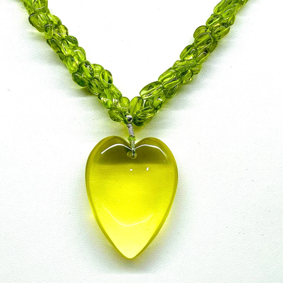 3 Rows Natural Peridot Necklace Oval Beads 925 Silver Clasp Lemon Quartz Pendant - Image 4 of 4