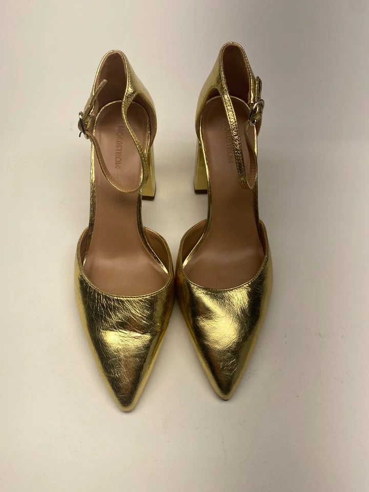 Nordstrom Feminino Paola Gold Tira no Tornozelo Bomba Pontiaguda Tamanho 8 - Imagem 2 de 4