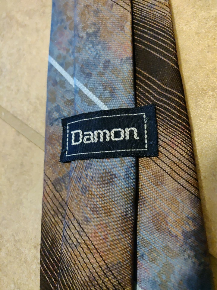 Damon Hombre Cuello Marrón Azul Rosa Rayas Estampado Floral Corbata 100% Poliéster Usado en Excelente Condición Foto 3 de 4