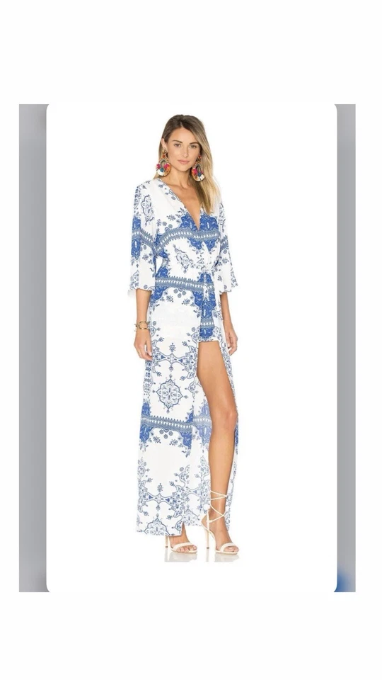 Vestido Ashton Lovers + Friends en templo mameluco para mujer nuevo con etiquetas azul blanco cachemira maxi Foto 2 de 4