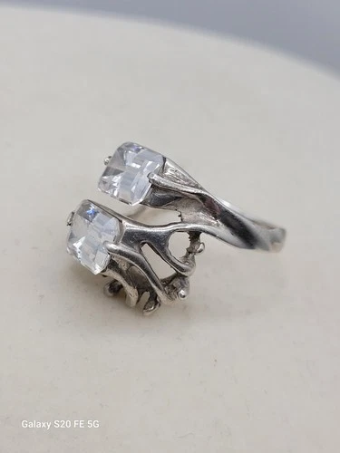 Vintage 925 Toi et Moi Ring One Of A Kind Silver Handmade Emerald Cut CZ's 7.25