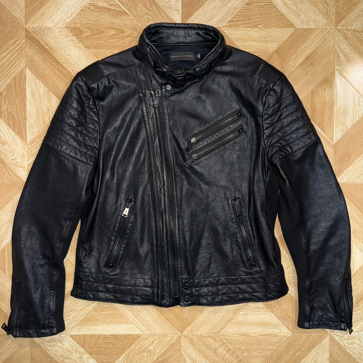 Ralph Lauren BLACK labelメタリック　ジャケット 未使用 Ralph Lauren Black Label Hybrid Motorcycle Padded Biker Lamb