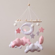 Baby Crib Mobile, Boho Nursery Decor with Felt Moon, Stars and Clouds, Pink a...