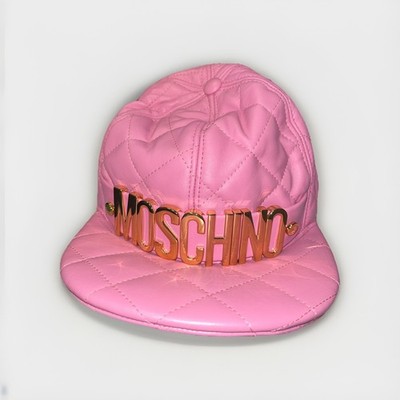 Moschino Pink Quilted Leather Baseball Cap Gold Metal Letters Logo Hat M