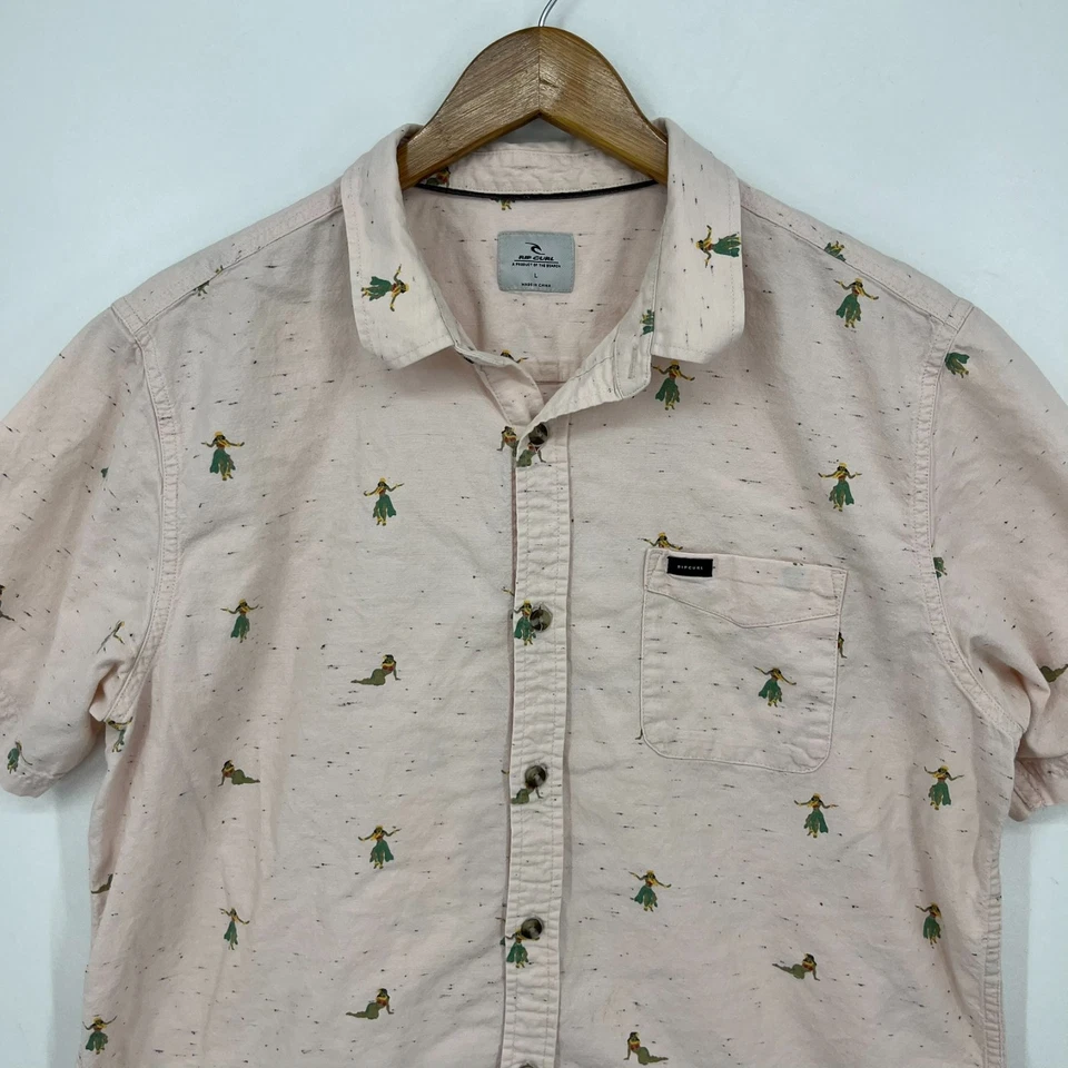 Rip Curl Short Sleeve Button Shirt Men's L Pink Hula Girls Hawaiian Cotton - Image 2 of 4