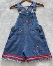 VTG Girls Overalls Sze 10 12 Denim Blue Red Flower Embroidered 90s Americana Y2k