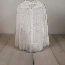 Vintage 70s SEARS White Boho Pointelle Granny Fringe Shawl Poncho Cape OS 32-40