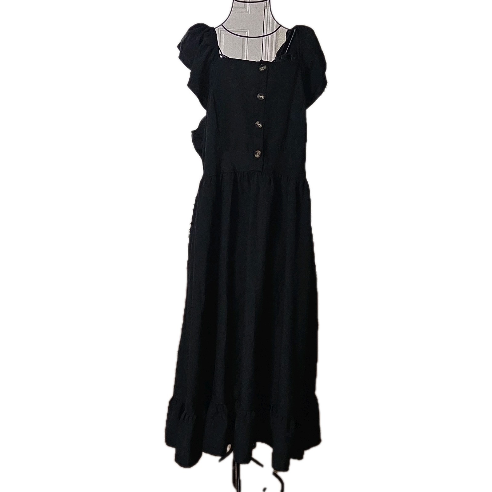 SHEIN Curve Plus 2XL Black Solid Button Front Square Neck Puff Maxi Dress