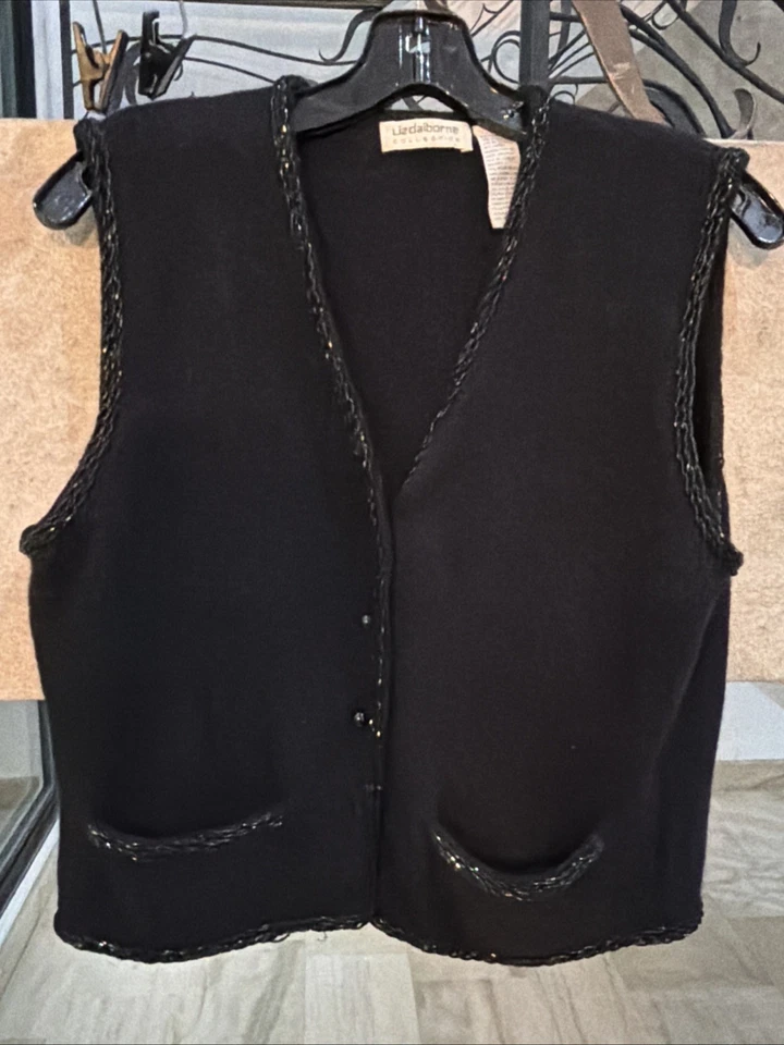 Chaleco De Colección Liz Claiborne Colección Negro Con Cuentas Lana de Cordero y Angora Para Mujer M Foto 2 de 4