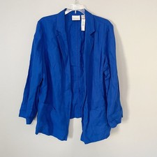 Chicos Size 2 12 Blue 100 Linen Jacket Open Front Long Sleeve