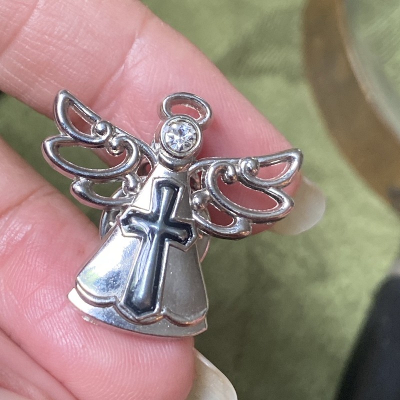Vtg Rhinestone Angel W Cross Religious Hat Jacket Lapel Pin