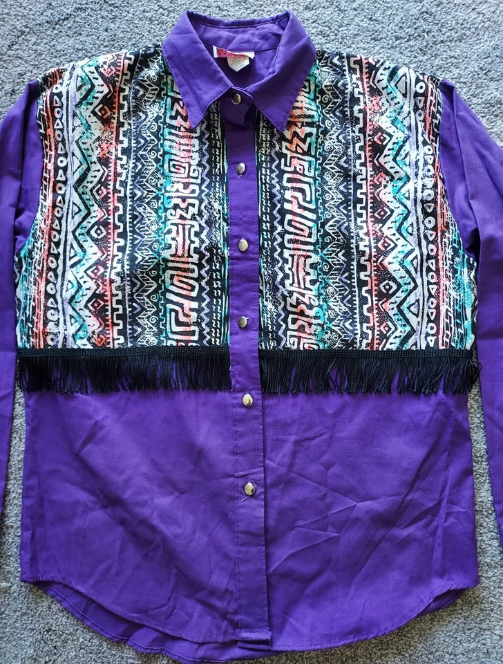 Camisa Western Vintage Wagon Wheels Mujer Estampado Neón Flecos Púrpura Grande Mediana Foto 4 de 4