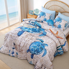 King Comforter Set   3 Pieces Coastal Beach Theme Bedding Set with Nautical Turt