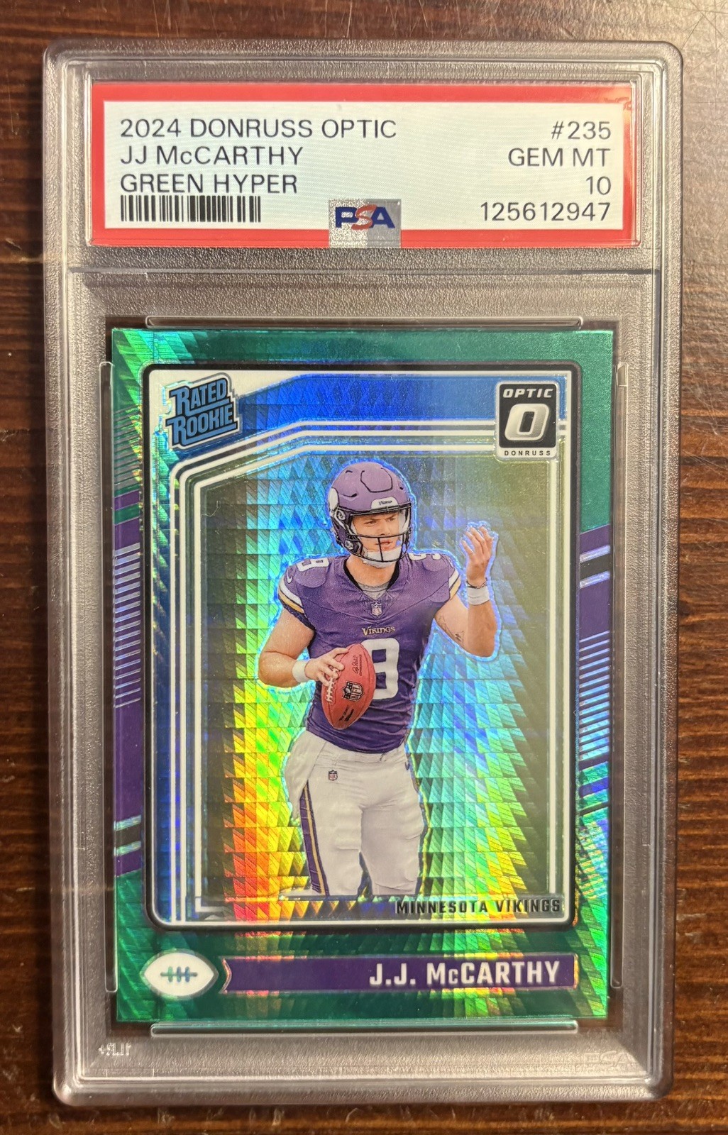 2024 Donruss Optic Rated Rookie J.J. McCarthy #235 Green Hyper Prizm RC PSA 10