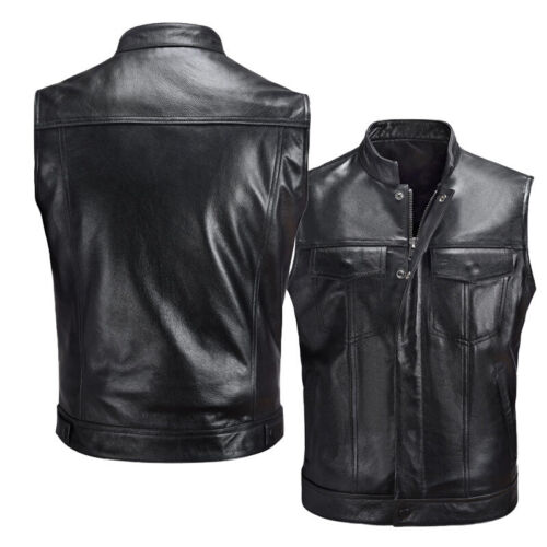 Men's Casual PU Leather Waistcoat Vest Zipper Button Motorcycle Motorbike Tops - Picture 2 of 7