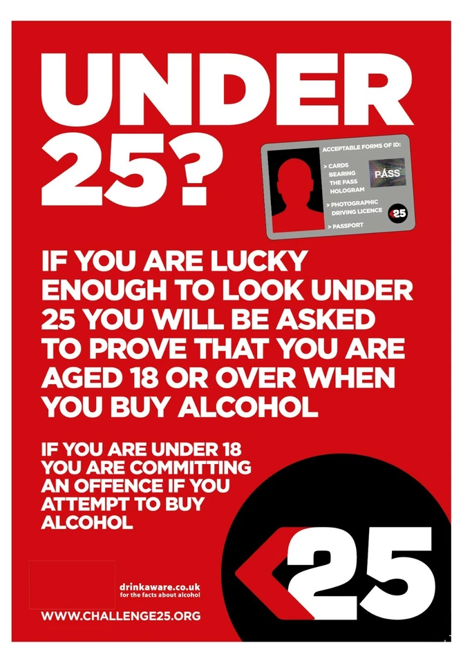 A1SOVEREIGN Challenge 25 Under 18 Sign - waterproof laminated A4 poster, FREE UK Postage