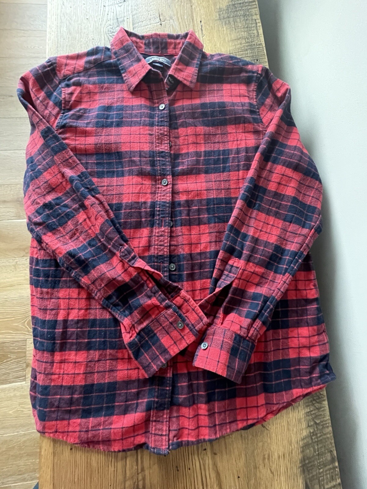 LANDS' END Flannel Shirt Women Size 14 Large Red Blue Plaid Long Sleeve Button