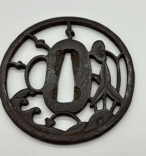 19th C Iron Tsuba Lapping Waves, Lotus, and Arrowroot Leaves and Flying Birds - Picture 3 of 4