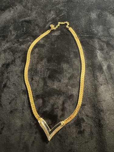 Gold Tone V Necklace With Rhinestones