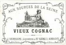 XXth-Etiquette Old Cognac-Sources de la Seine-J.Verrière.St.Seine.l'abbaye