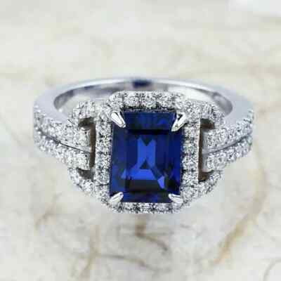 3 Ct Emerald Cut Lab Created Blue Sapphire Engagement Ring 14K White Gold Plated