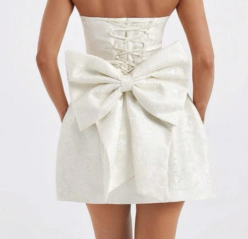Women Jacquard Strapless Detachable Bow Mini Dress, Wedding Dress - Picture 2 of 5