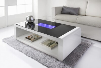 LED Hochglanz Couchtisch weiß mit Glasplatte modern rechteckig
