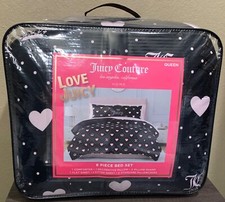 Juicy Couture 8pc QUEEN Comforter Set Black w/Pink Hearts, Crowns & JC Monograms