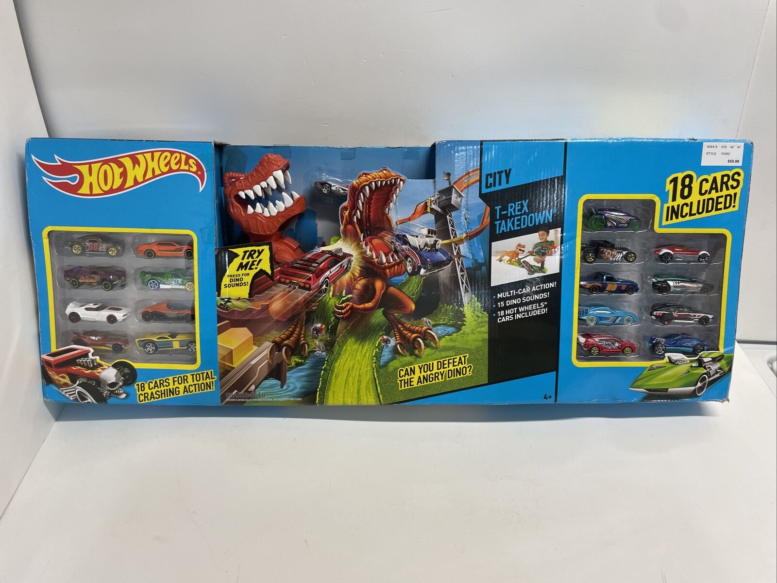 2011 Hot Wheels T-Rex Takedown Track Play Set Dino Sounds 18 Cars - Sealed  Rare