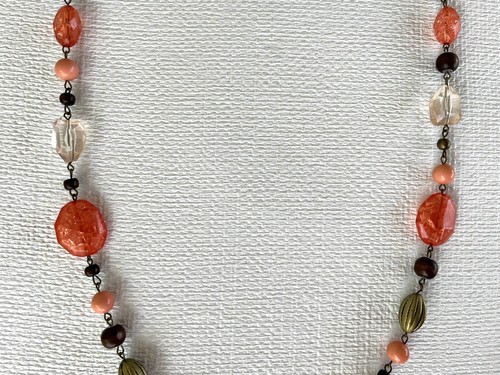 Vintage Orange Crackle Bead Necklace Asymmetric Clear Acrylic, Brown Wood Beads - Picture 5 of 7