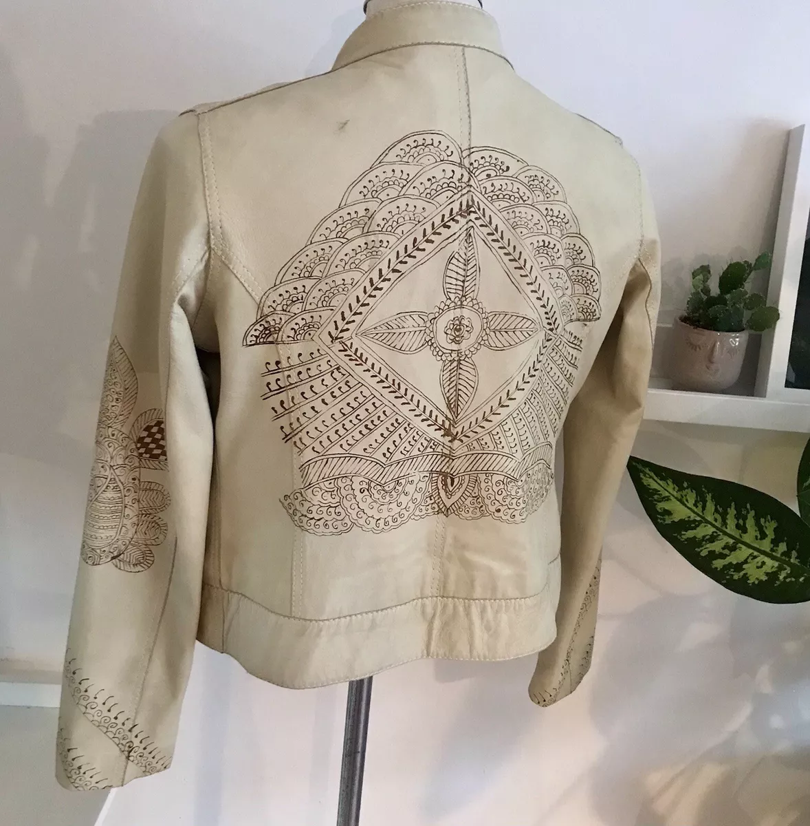 Vintage Ecru Leather Jacket Danier Festival Painted Boho