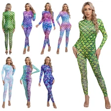 Womens Bodysuit One Piece Fish Scale Print Back Zipper Jumpsuit Athletic