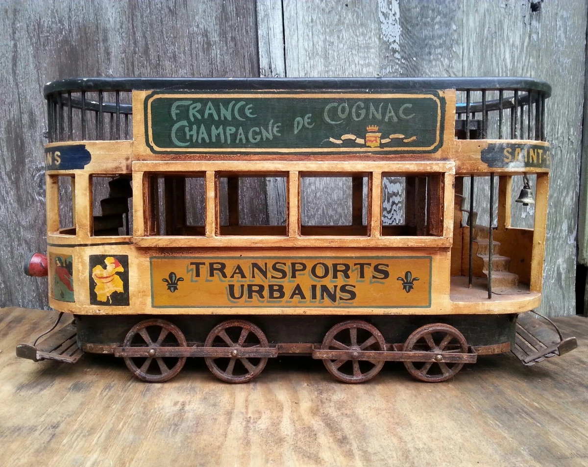 Vintage French wood & cast iron Double Decker street trolley display model, 26