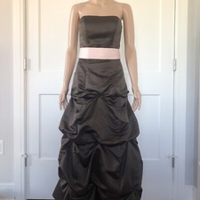 Mori Lee by Madeline Gardner Choco Brown Satin Bubble Gown Dress Pink Sash 0 XS