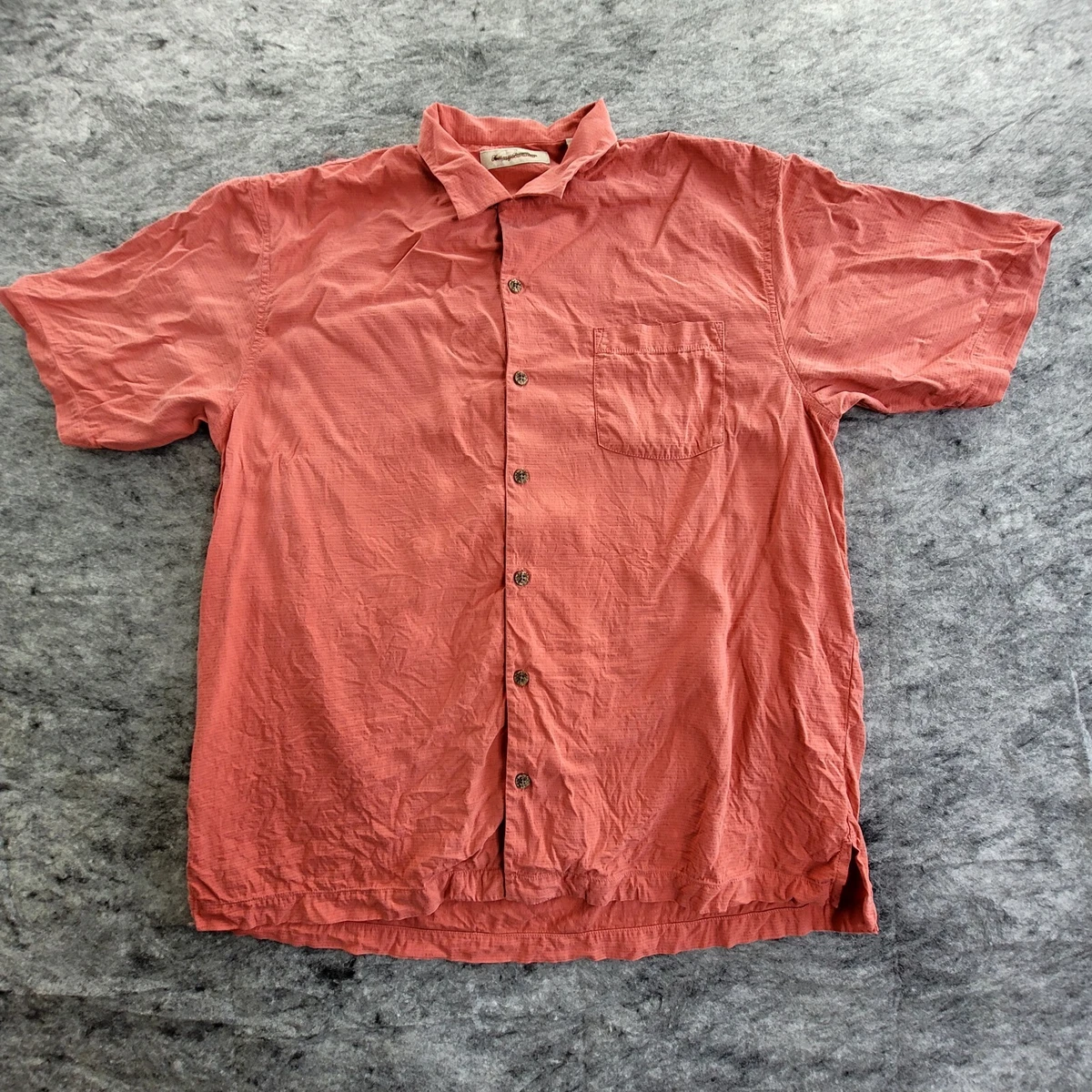 Tommy Bahama Mens Button Up Shirt Large Rust Orange Red 100 Silk Short Sleeve