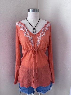 i.e. Woman Orange 100% Silk Embroidered Tie Tunic Blouse Long Sleeve XL