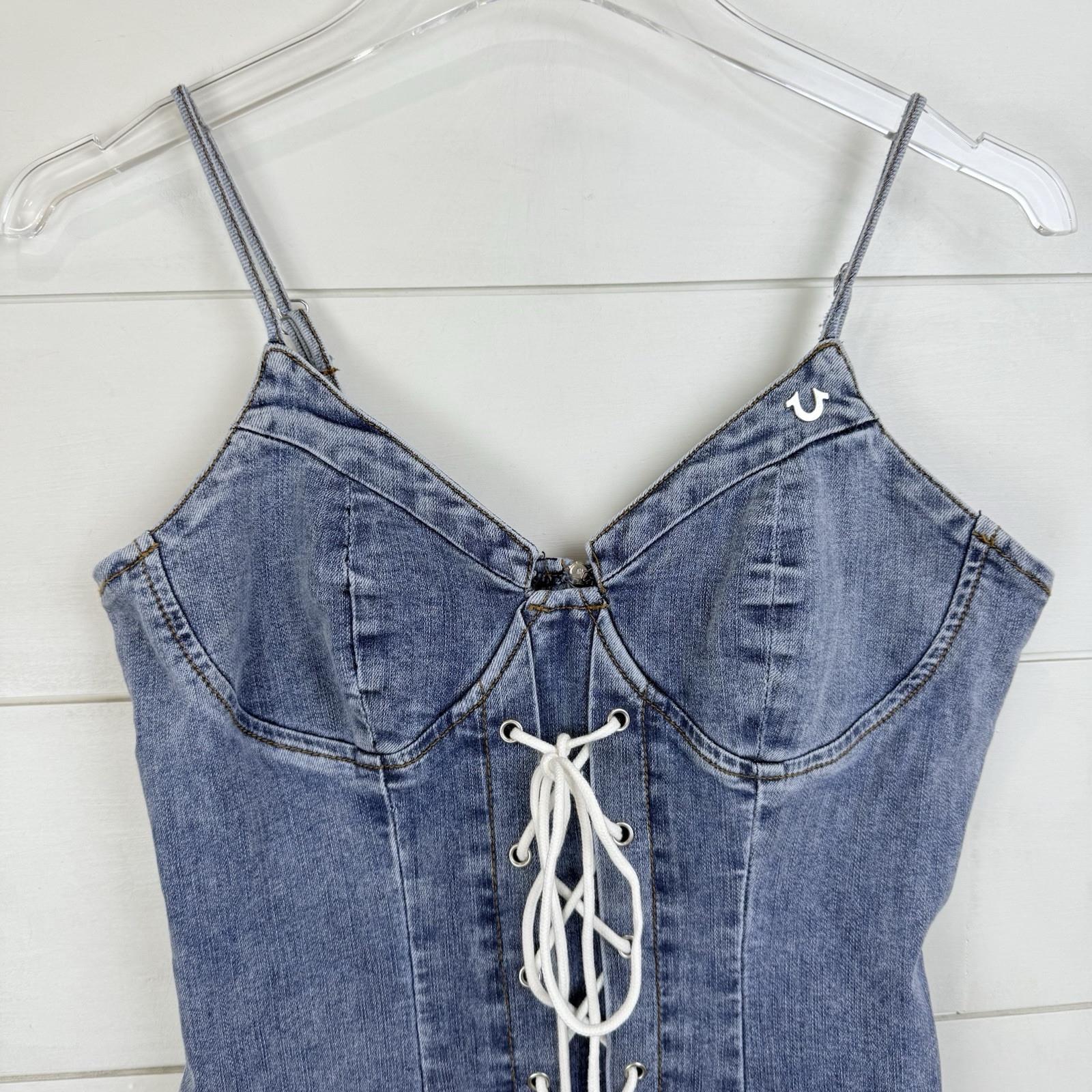 NEW TRUE RELIGION LACEUp Denim Mini Dress Timeless Light Wash WOMEN Large Corset thumbnail 3