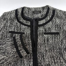 Jones New York Women Black White Tweed Zip Front Collarless Blazer Jacket Size 8