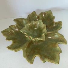 Vintage Green Glaze Holland Mold Fall Leaf Relish Plate Dip Set Ceramic Tray