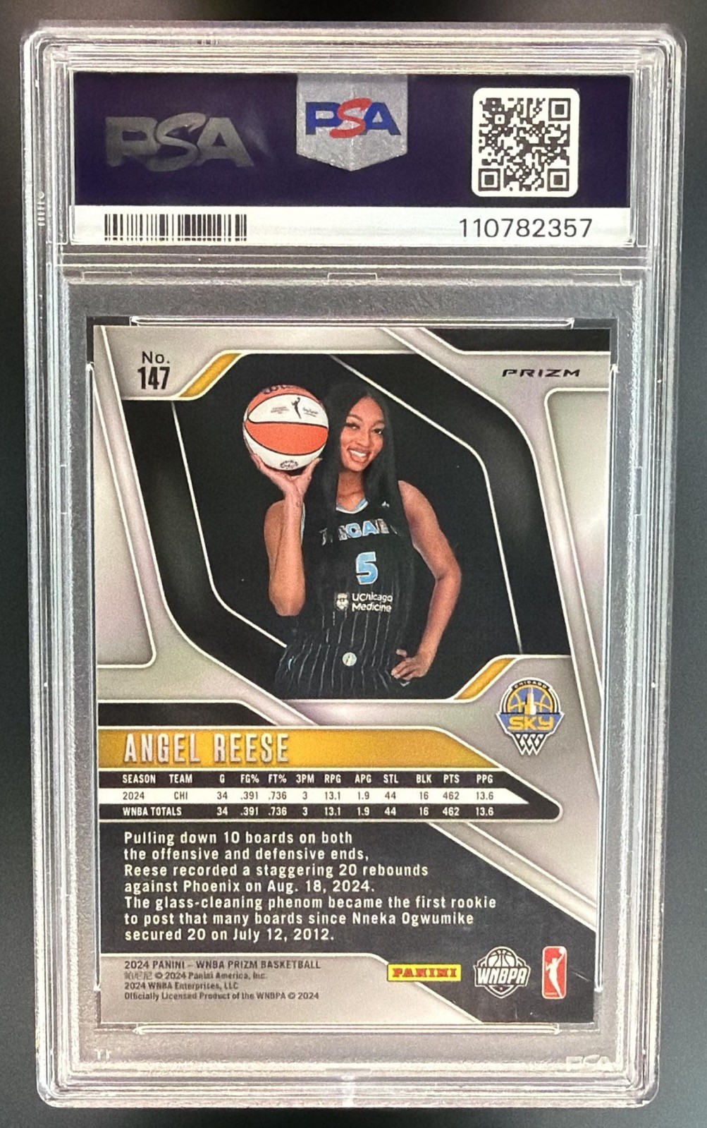 2024 Panini Prizm WNBA Angel Reese #147 WNBA Logo Prizm RC Rookie PSA 10 view 2