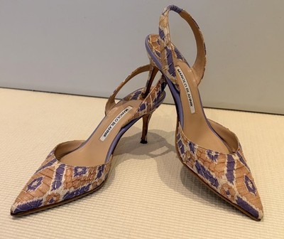 MANOLO BLAHNIK SHOES CAROLYNE  PYTHON SNAKESKIN PURPLE/ BEIGE PUMPS, 37/ 6.5